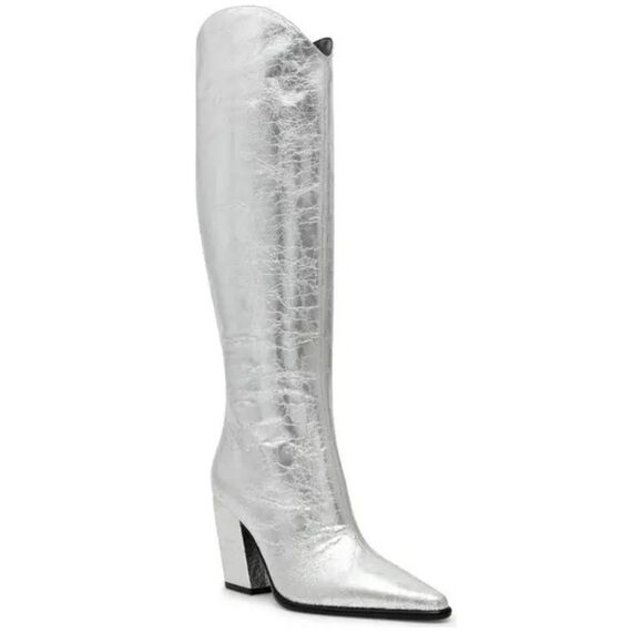 Steve Madden Silver Pointed Toe Size 8 Block Heel Knee High Boots NEW - Picture 1 of 9